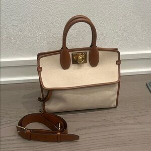 Salvatore Ferragamo Studio Satchel Medium Canvas Brown Leather Trim